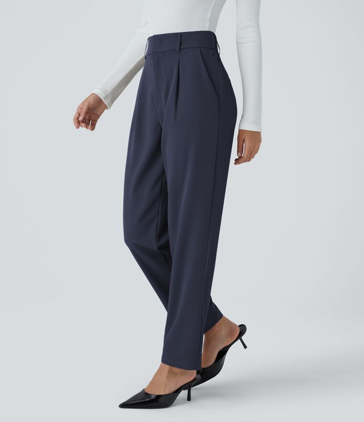 Pantalon Tailleur Fuselé Uni Poche Latérale Taille Haute