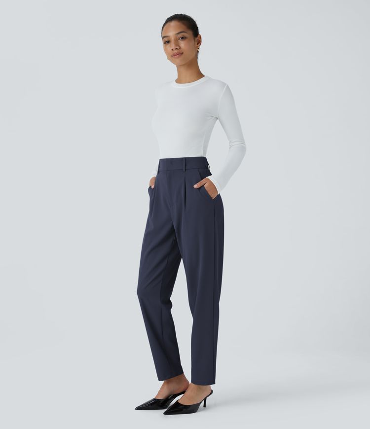 Pantalon Tailleur Fuselé Uni Poche Latérale Taille Haute
