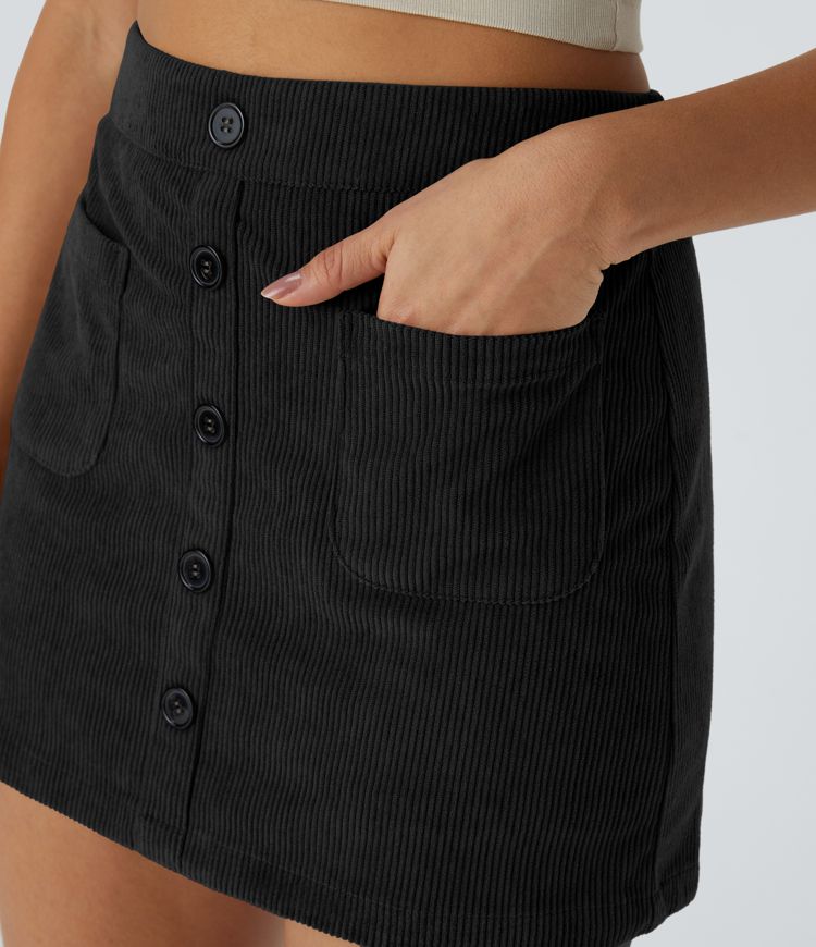  2-in-1-Mini-Freizeitrock aus Cord mit hohem Bund, Knopfleiste und Reißverschluss