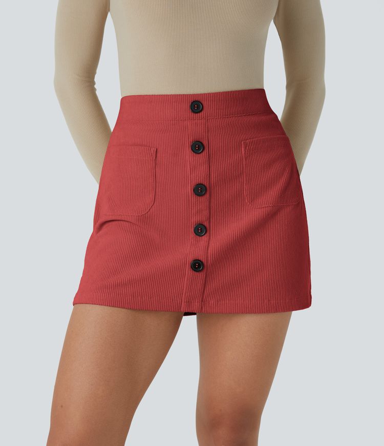 High Waisted Pocket Zipper 2-in-1 Corduroy Mini Casual Skirt
