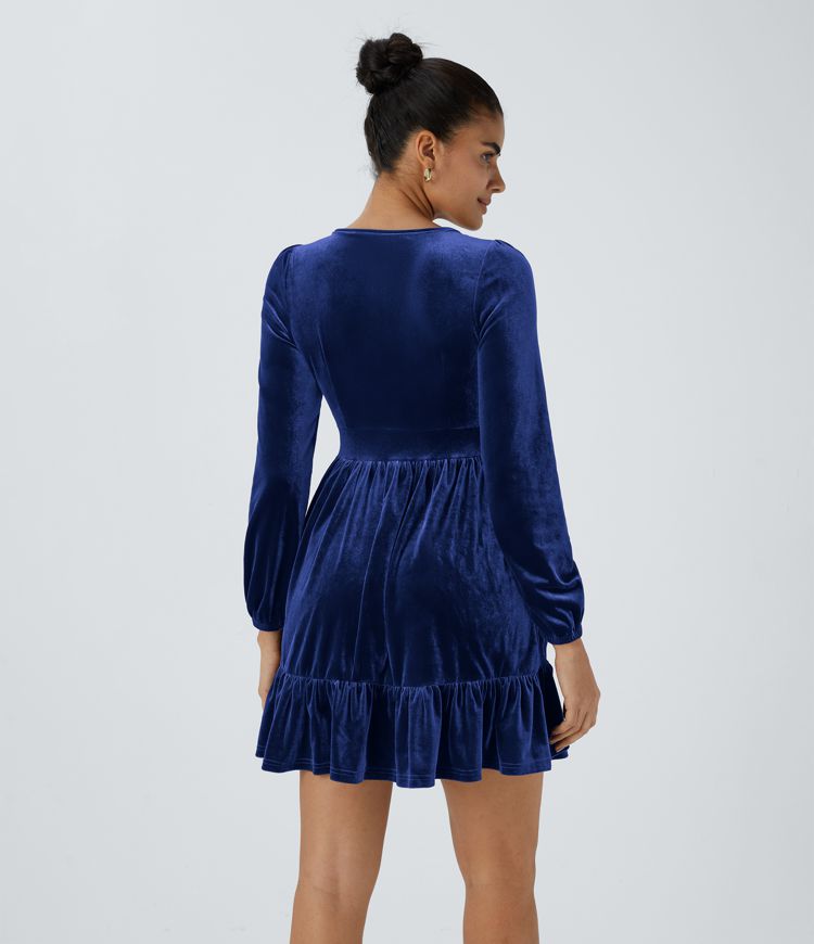 Quotidien Robe de Soirée Mini en Velours à Encolure en V Profond et Ourlet Volanté