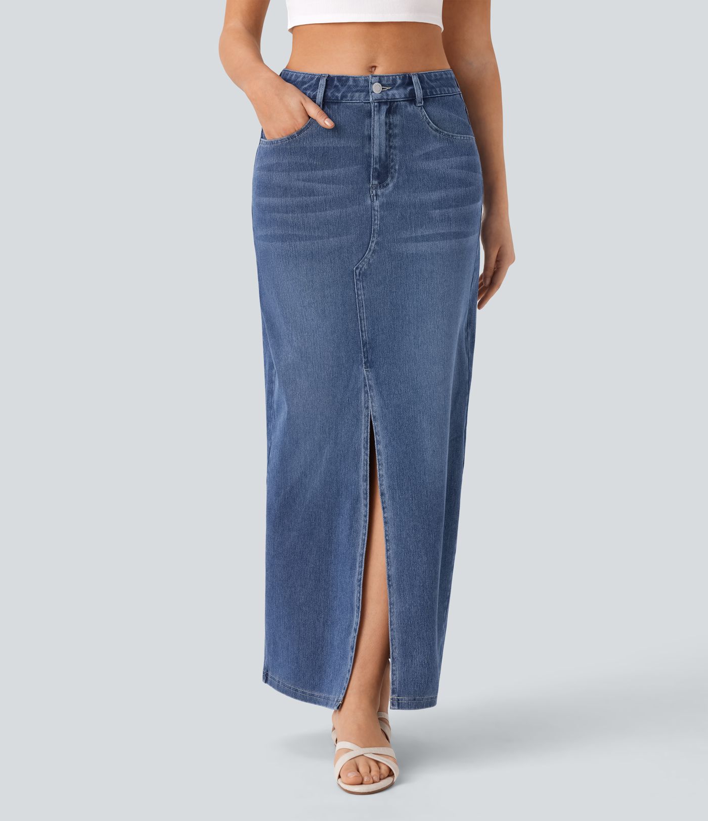 Halara Flex™ Mid Rise Pockets Straight Maxi Washed Denim Casual Skirt