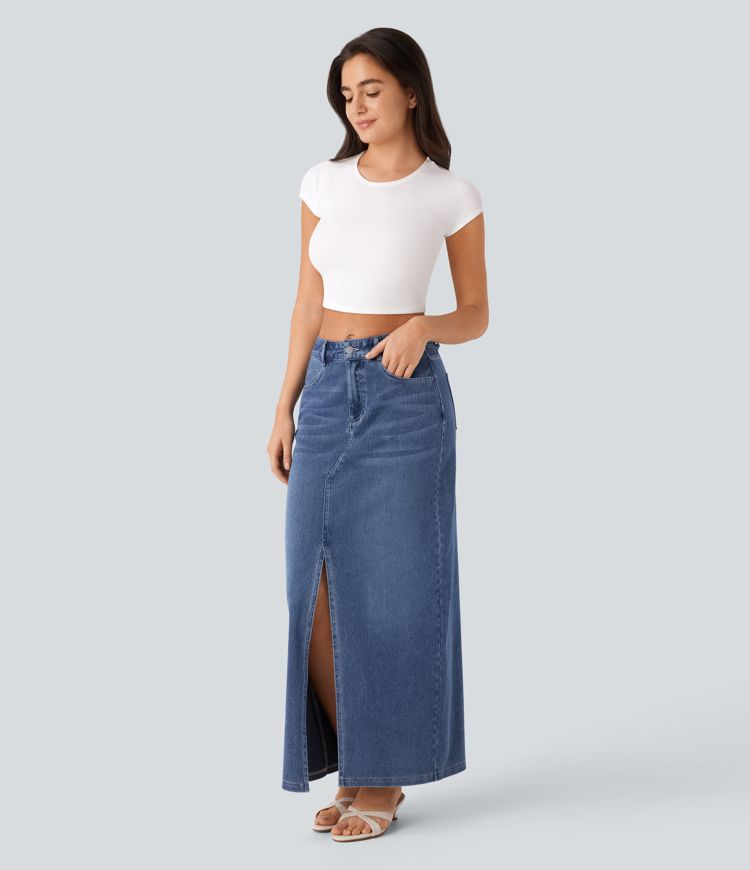 Halara Flex™ Mid Rise Pockets Straight Maxi Washed Denim Casual Skirt
