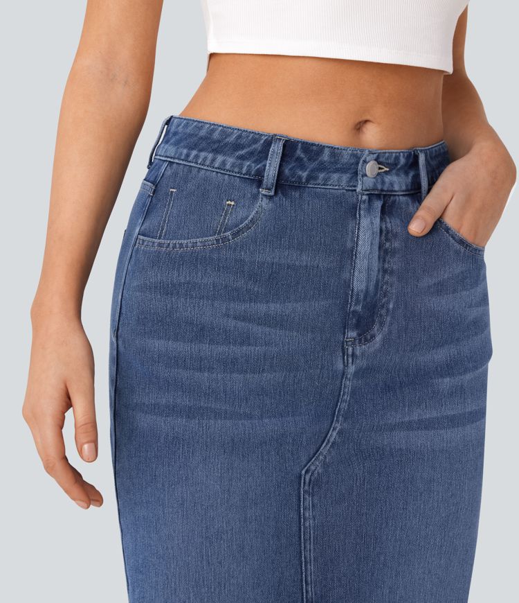 Halara Flex™ Mid Rise Pockets Straight Maxi Washed Denim Casual Skirt