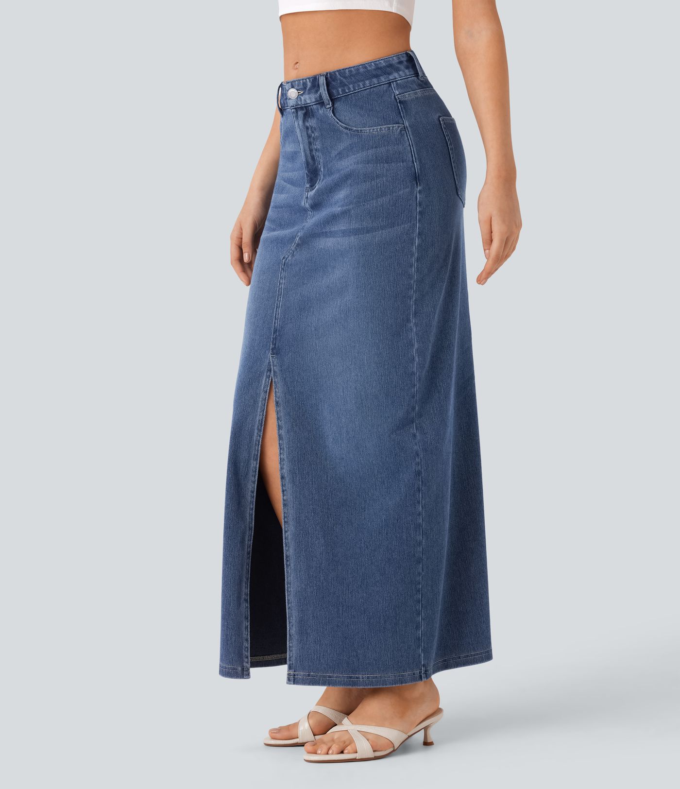 Halara Flex™ Mid Rise Pockets Straight Maxi Washed Denim Casual Skirt