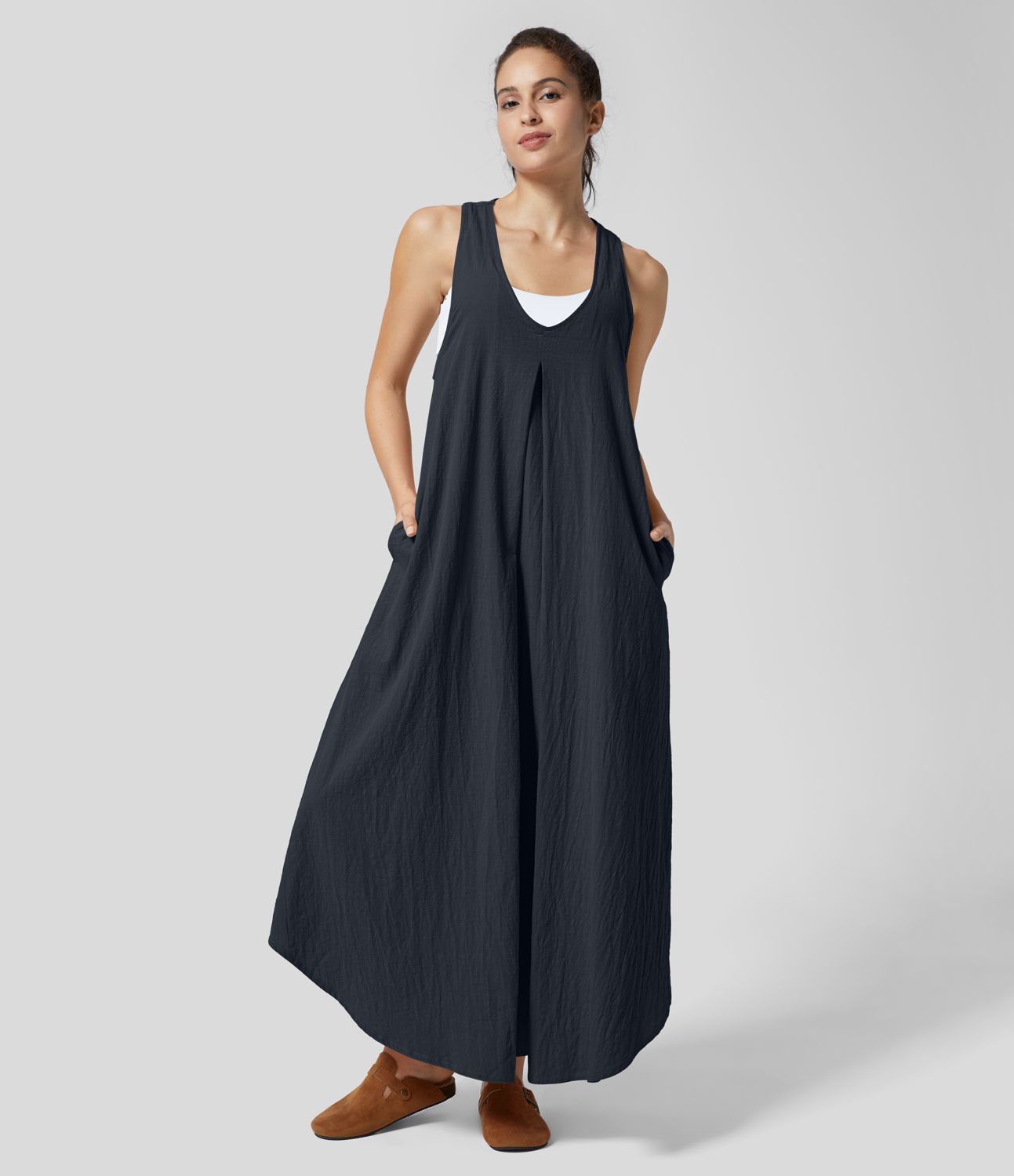 U-neck sleeveless pleated side pocket flowy maxi casual linen-feel dress
