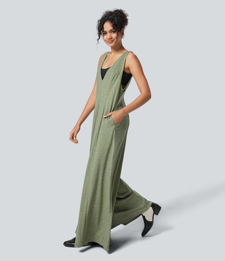 V Neck Pocket Draped Wide Leg Flowy Casual Jumpsuit