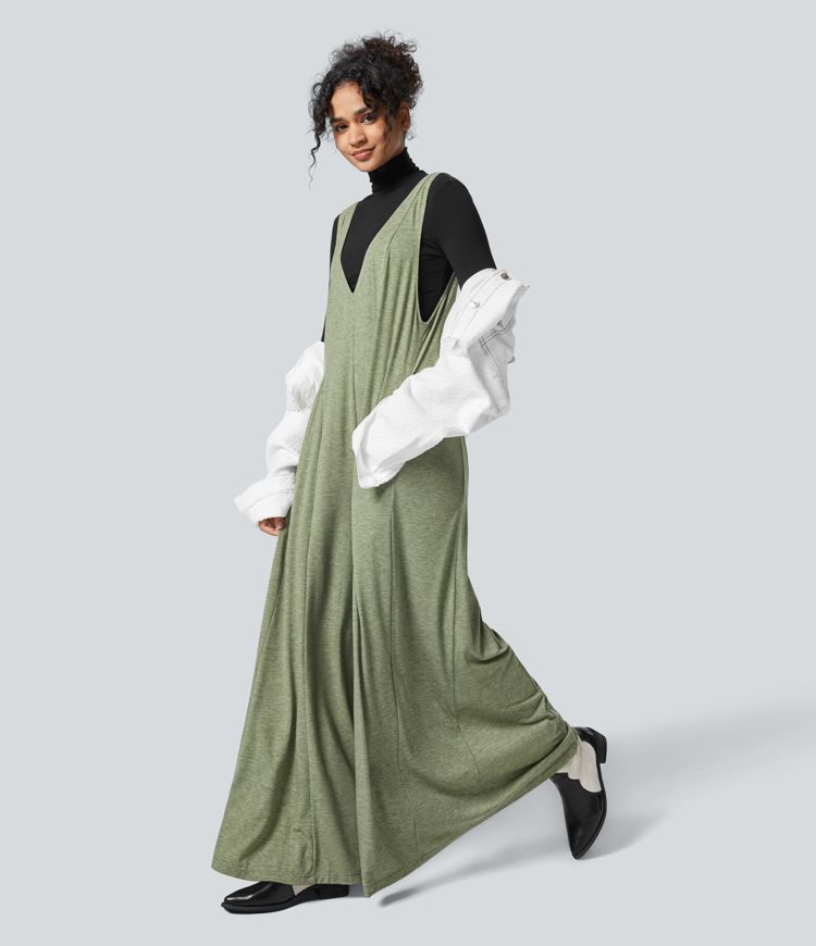 V Neck Pocket Draped Wide Leg Flowy Casual Jumpsuit