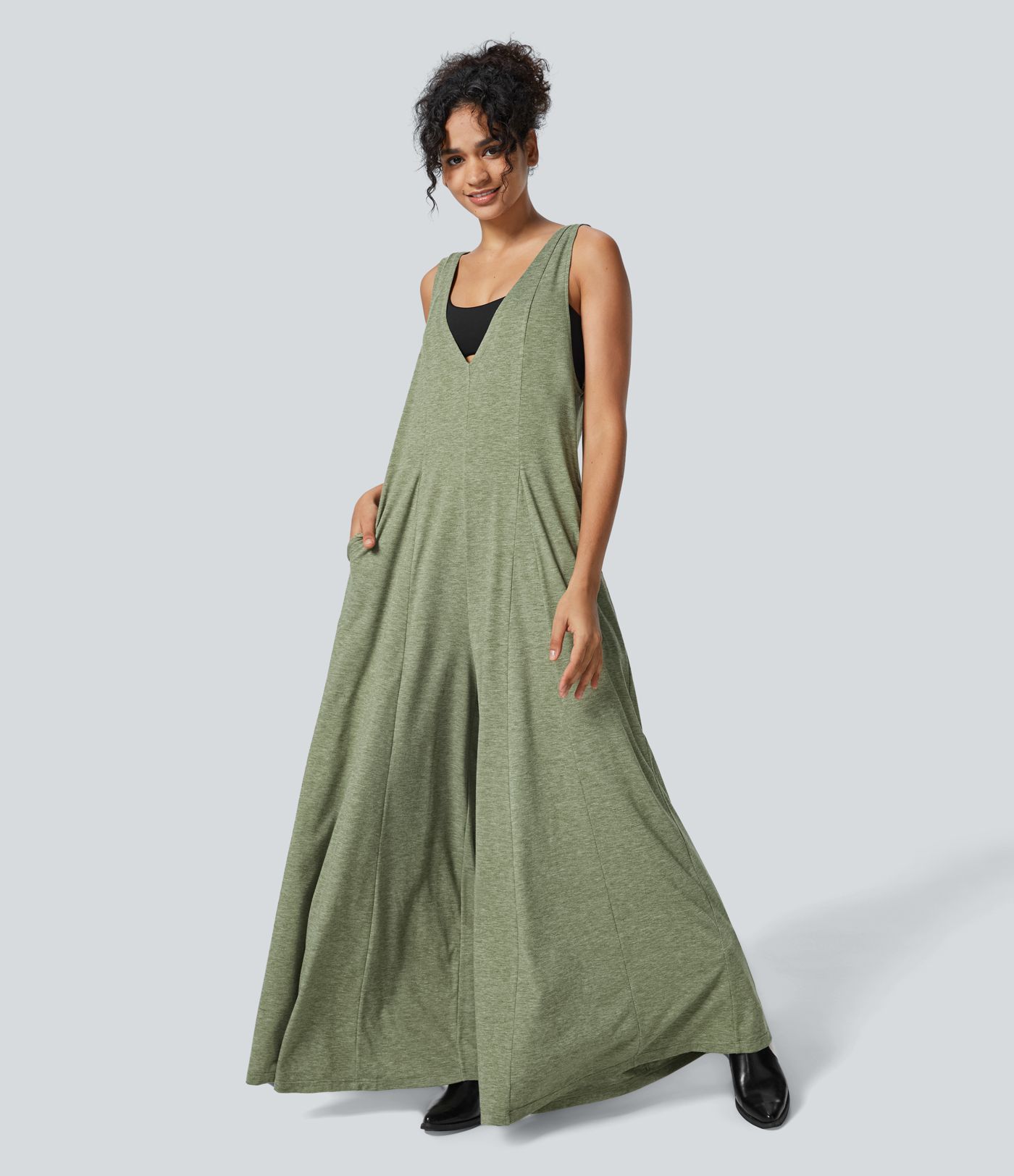 V Neck Pocket Draped Wide Leg Flowy Casual Jumpsuit