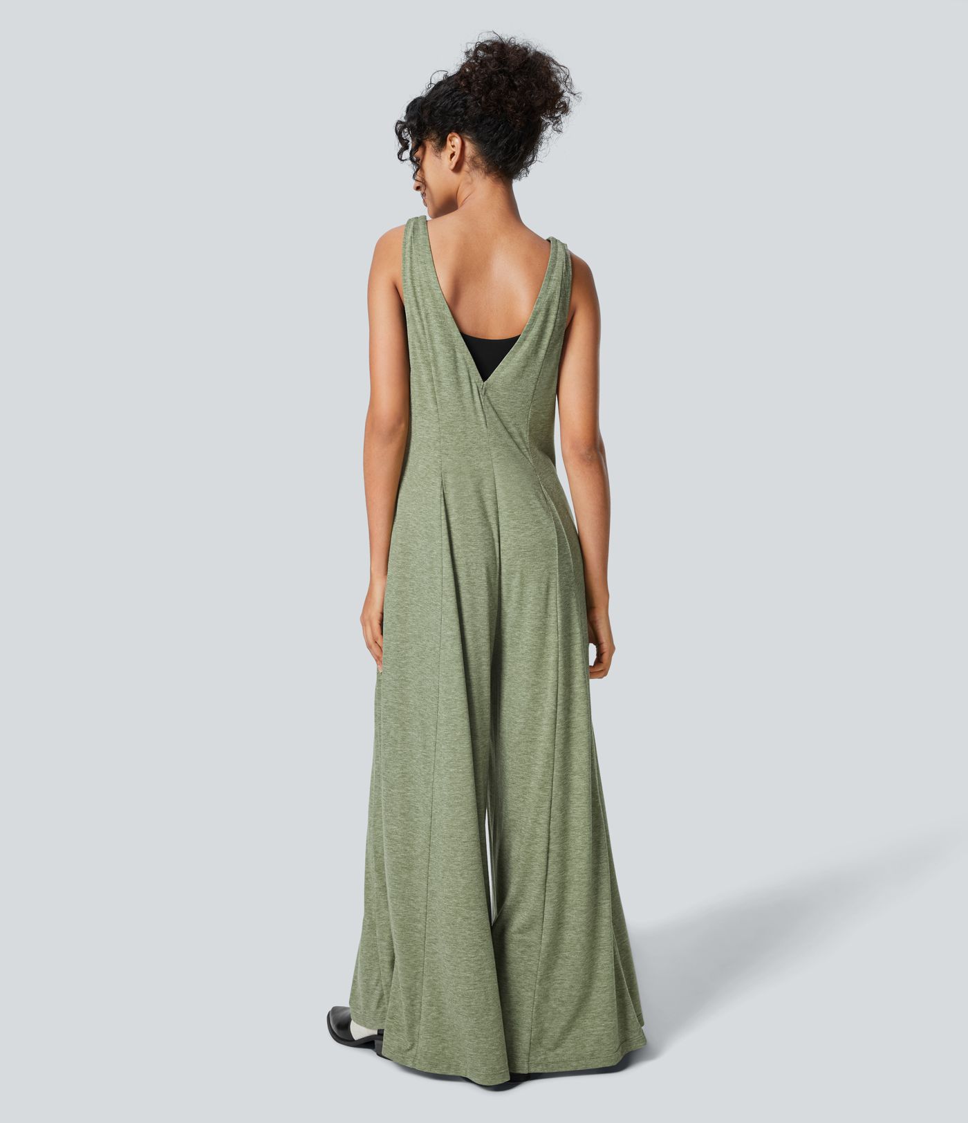 V Neck Pocket Draped Wide Leg Flowy Casual Jumpsuit