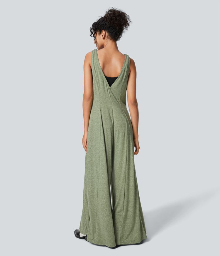 V Neck Pocket Draped Wide Leg Flowy Casual Jumpsuit