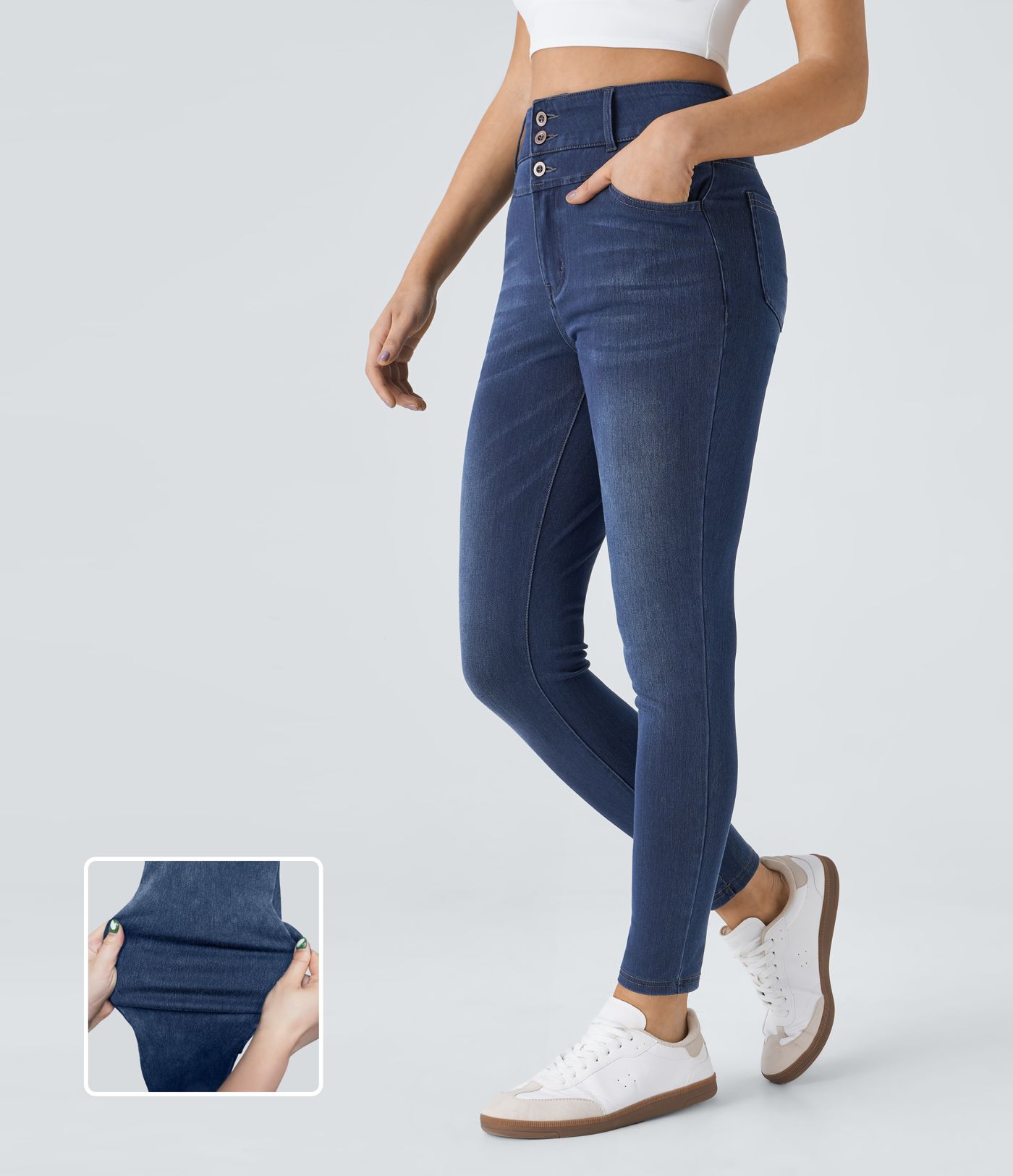 Jeans Halara Flex™ Denim ajustado elástico múltiple bolsillo cremallera botones tiro alto