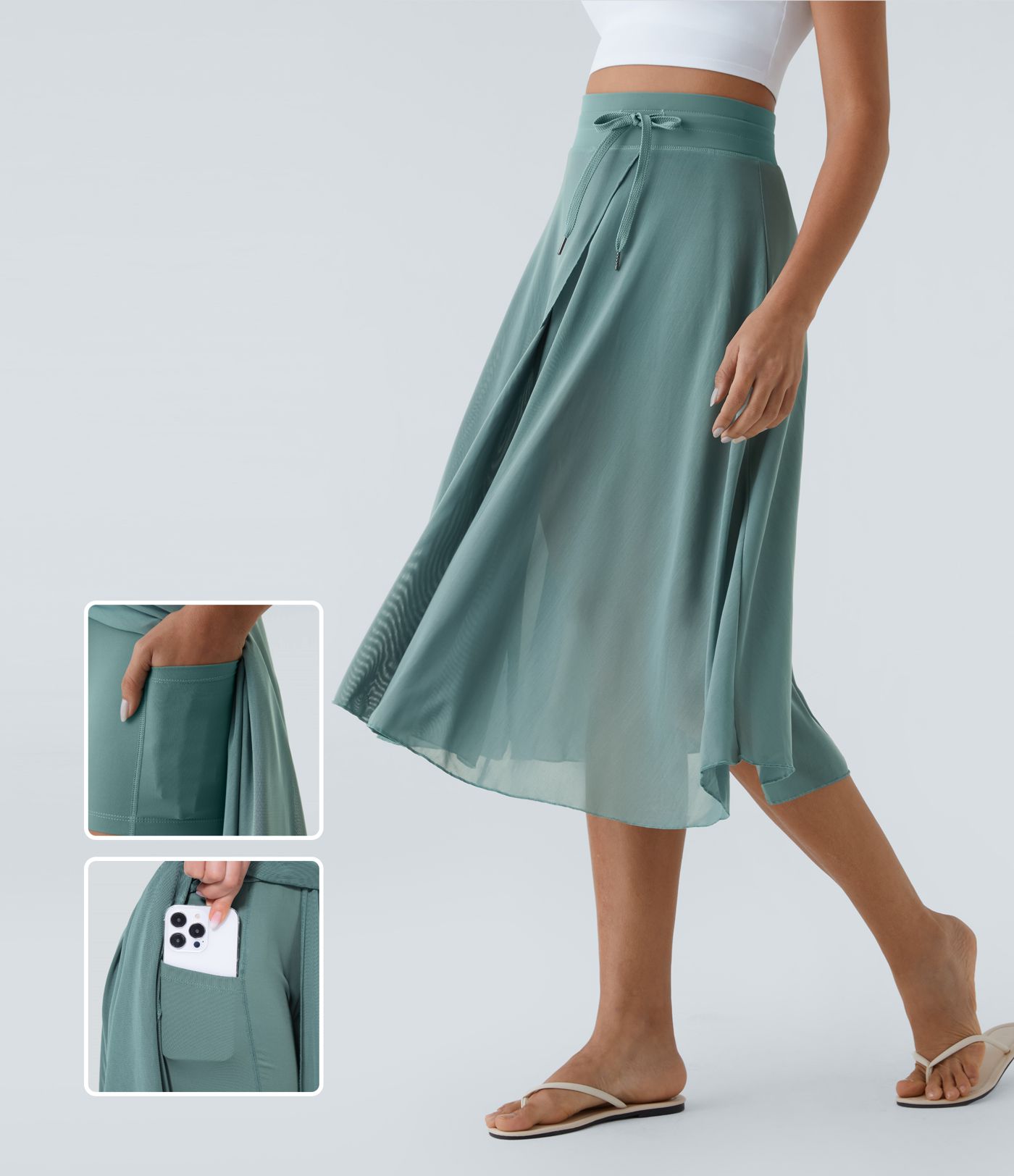 High Waisted Drawstring Contrast Mesh 2-in-1 Pocket Flowy Midi Flare Casual Skirt
