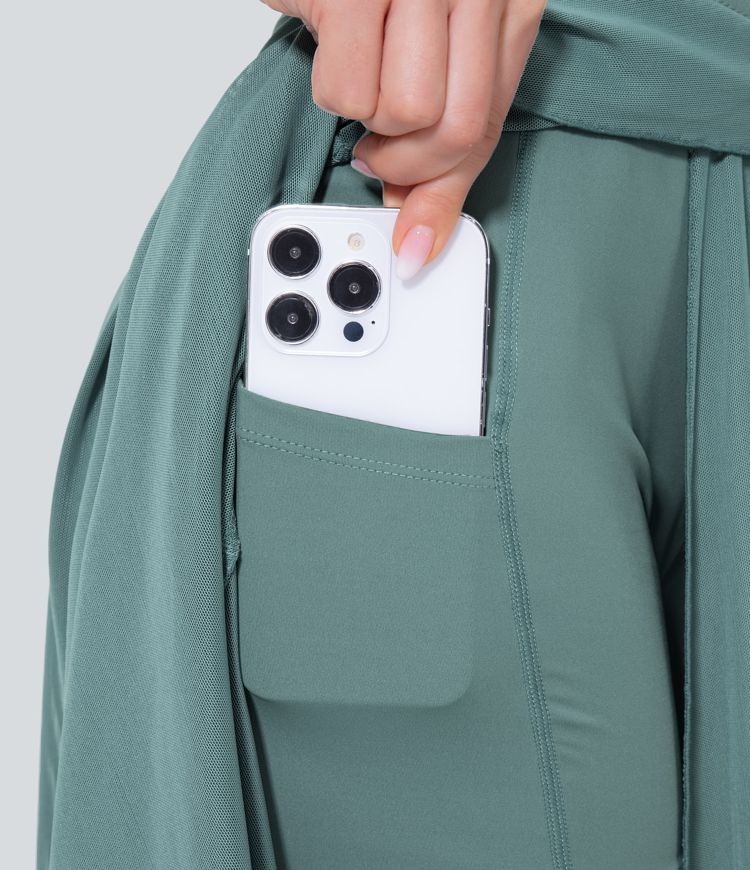 High Waisted Drawstring Contrast Mesh 2-in-1 Side Pocket Flowy Midi Flare Casual Skort