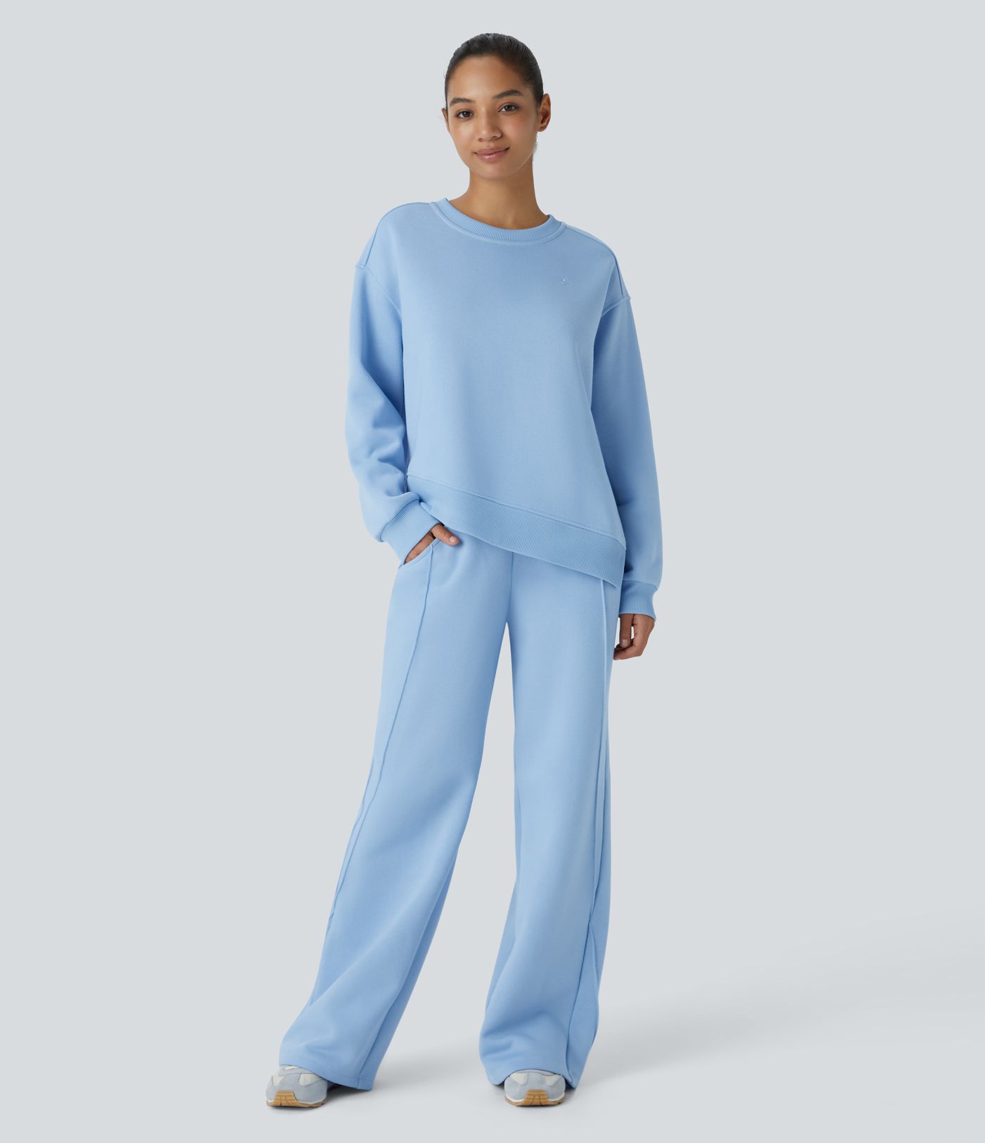 Sudadera polar gran tamaño cuello redondo hombro caído manga larga dobladillo dividido bordado acanalado contrastante