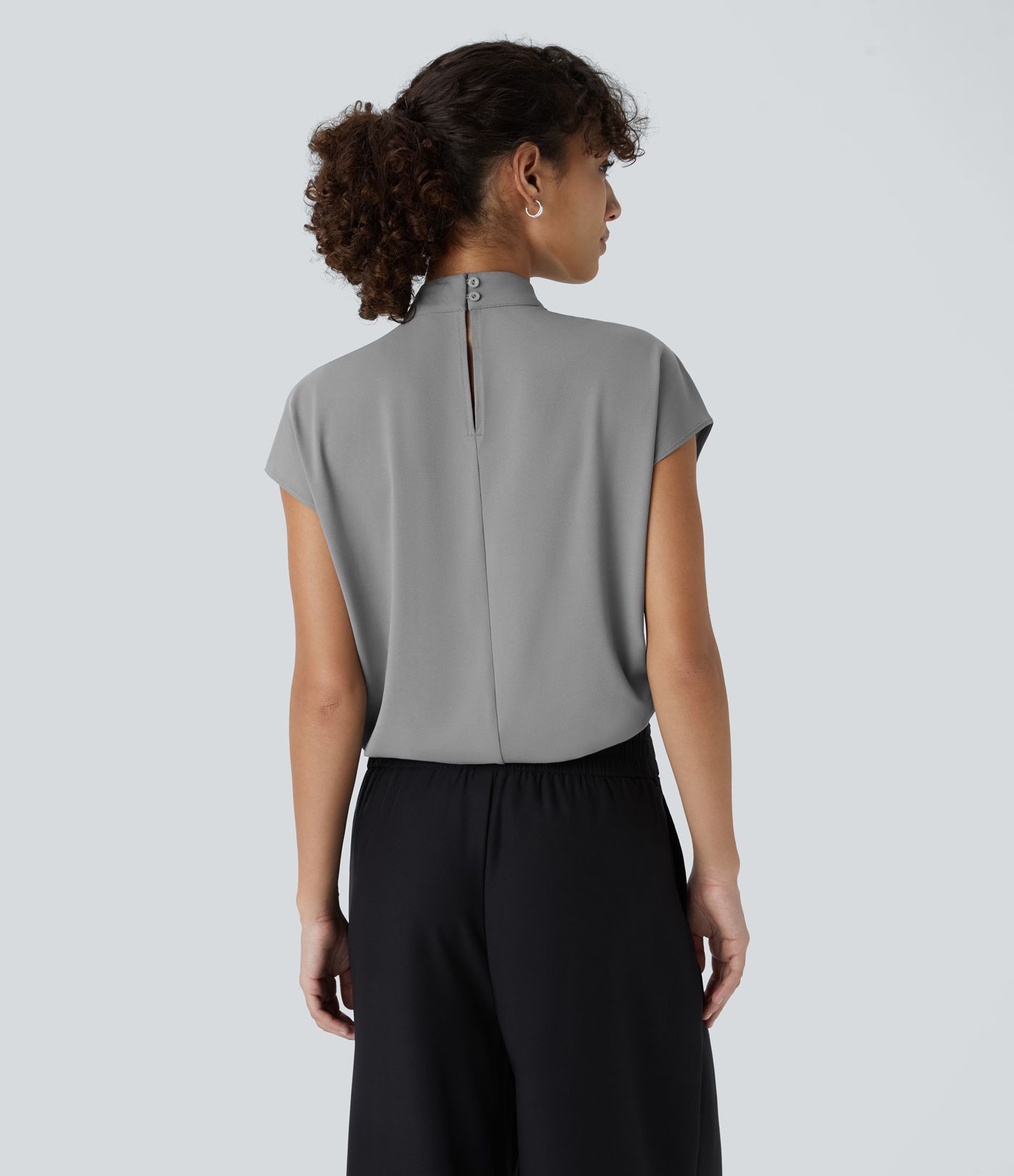 Stand Collar Button Back Cap Sleeve Work Blouse