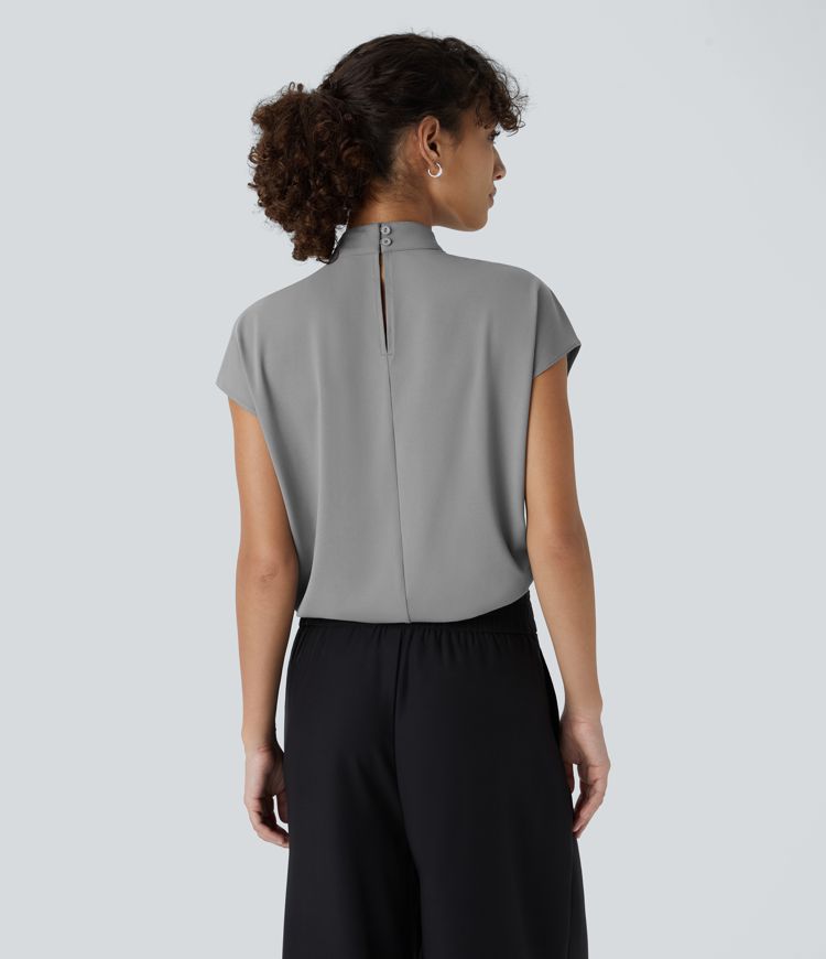Stand Collar Plicated Button Back Cap Sleeve Work Blouse
