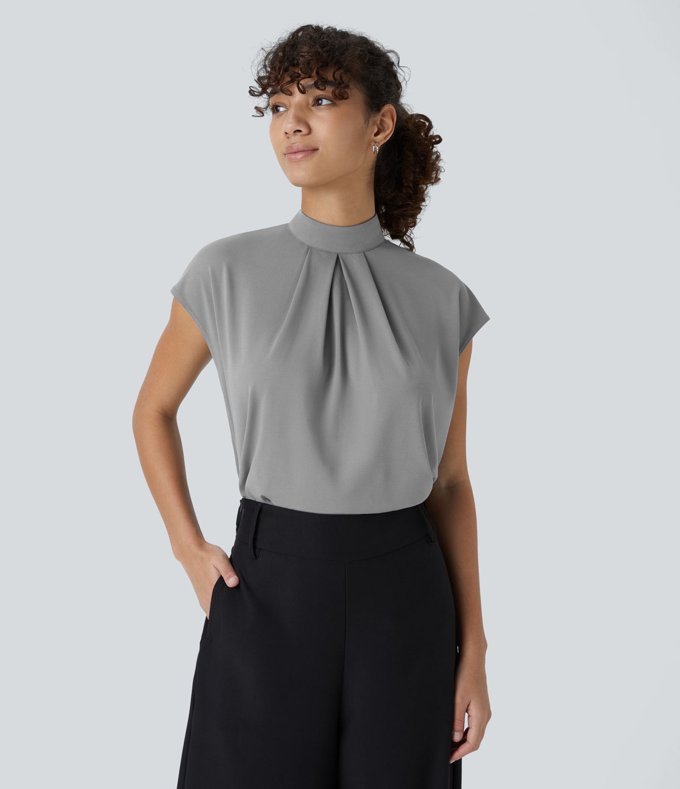 Stand Collar Button Back Cap Sleeve Work Blouse