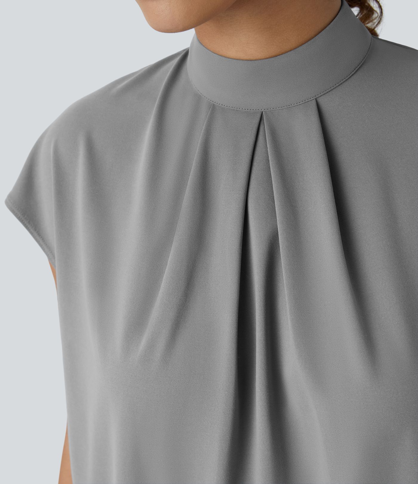 Stand Collar Button Back Cap Sleeve Work Blouse