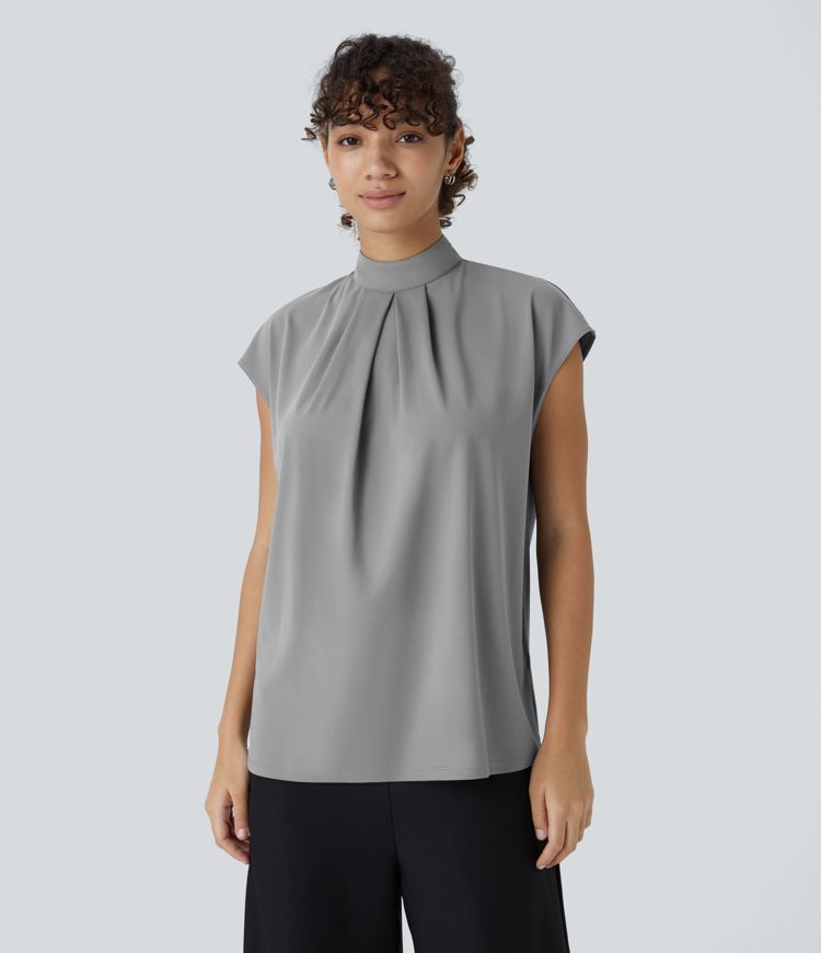 Stand Collar Back Cap Sleeve Work Blouse