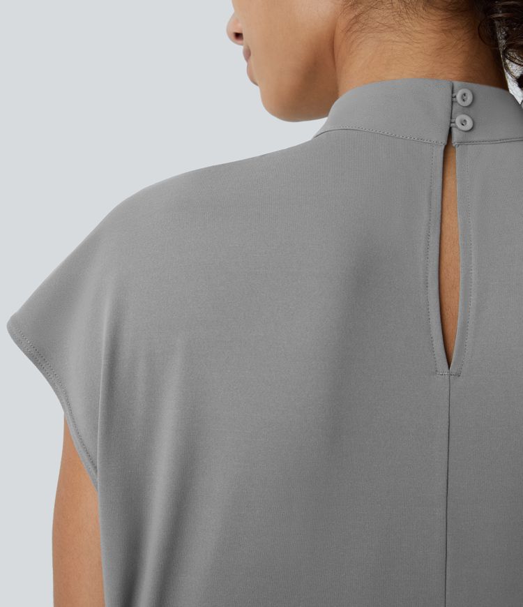 Stand Collar Back Cap Sleeve Work Blouse