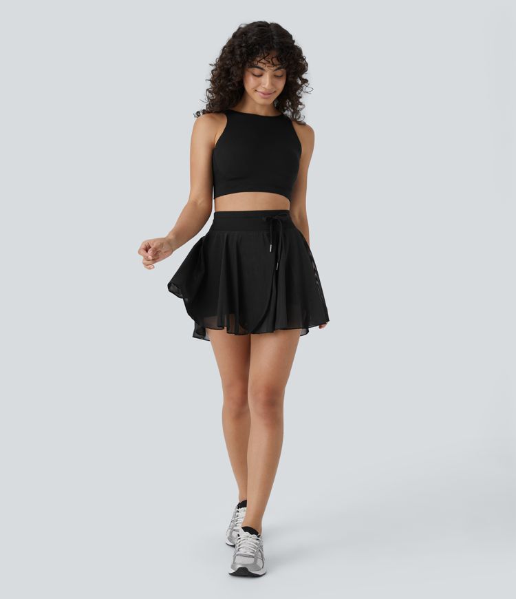 High Waisted Drawstring Contrast Mesh 2-in-1 Side Pocket Flowy Mini Flare Casual Skirt