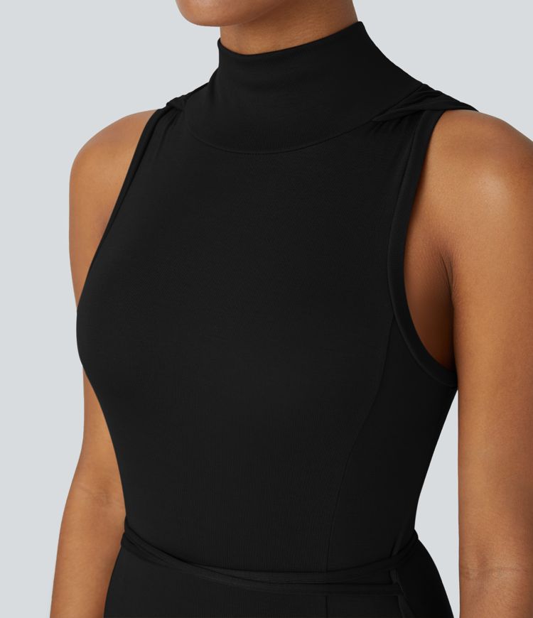 Ribbed Hooded High Neck Sleeveless Cut Out Tie Back 2-Piece Midi Casual Dress