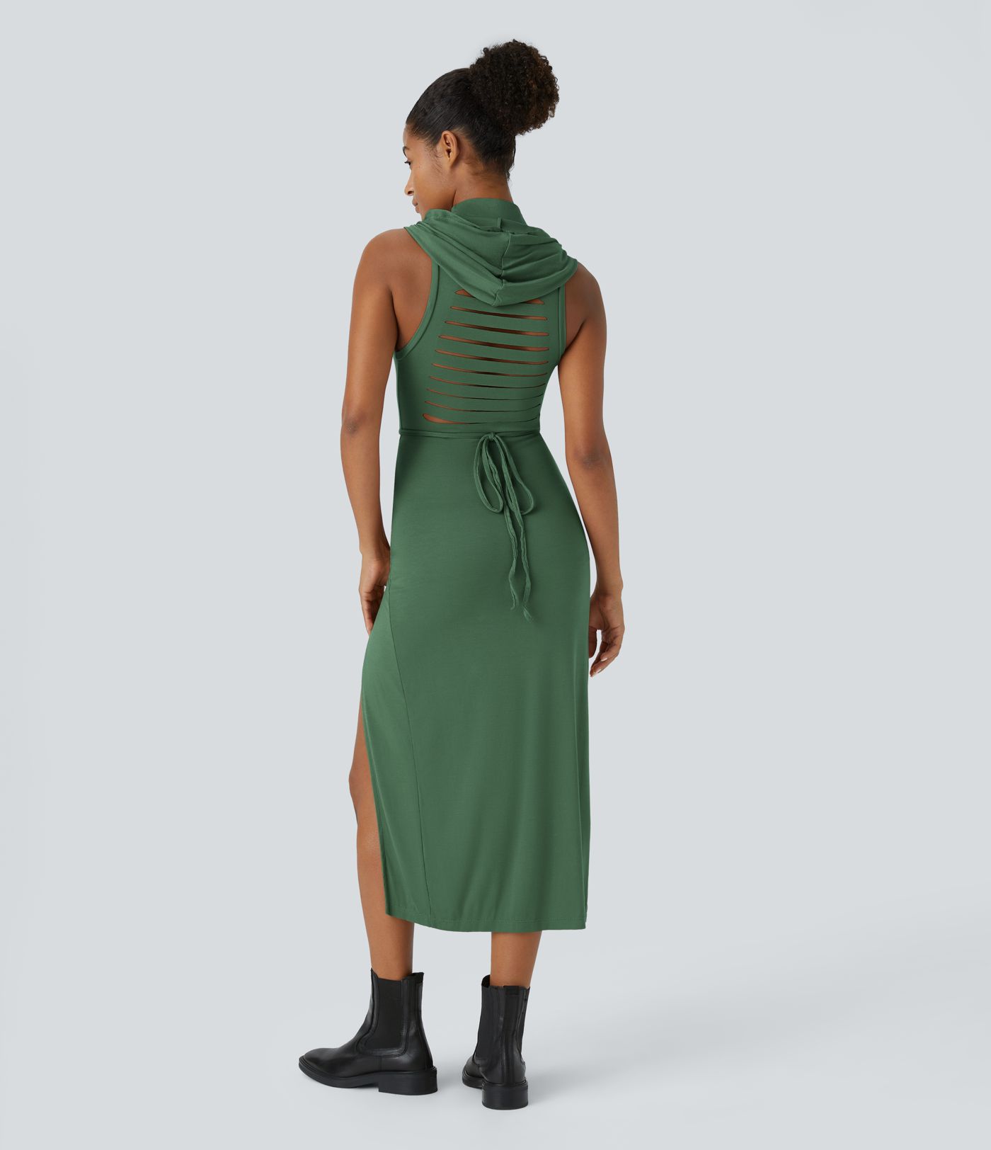 Ribbed Hooded High Neck Sleeveless Cut Out Tie Back 2-Piece Midi Casual Dress