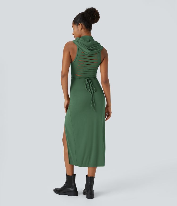 Ribbed Hooded High Neck Sleeveless Cut Out Tie Back 2-Piece Midi Casual Dress