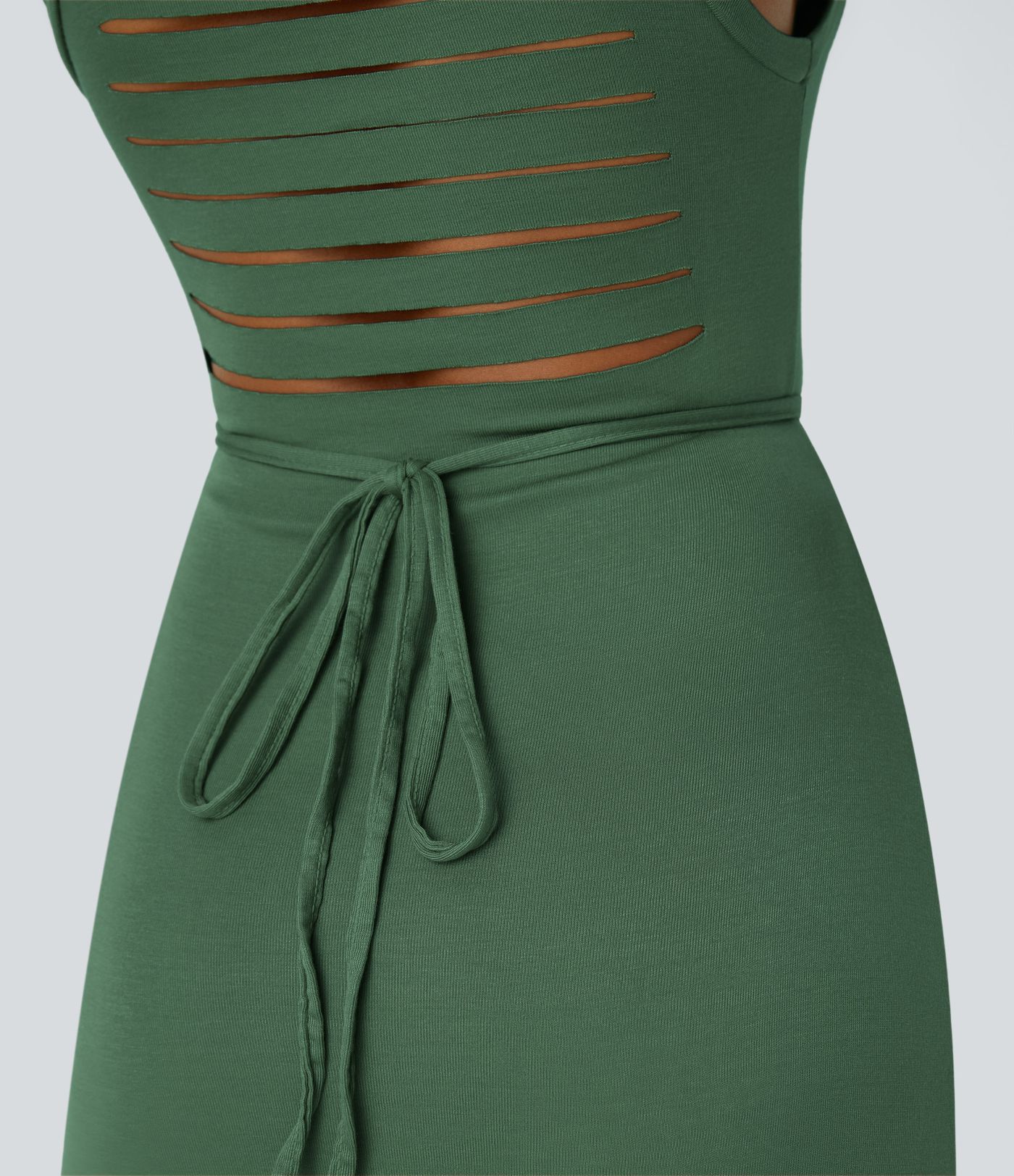 Ribbed Hooded High Neck Sleeveless Cut Out Tie Back 2-Piece Midi Casual Dress