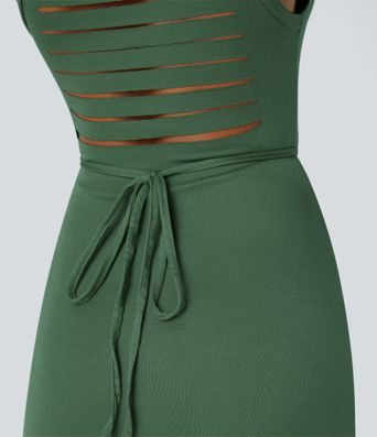 Ribbed Hooded High Neck Sleeveless Cut Out Tie Back 2-Piece Midi Casual Dress