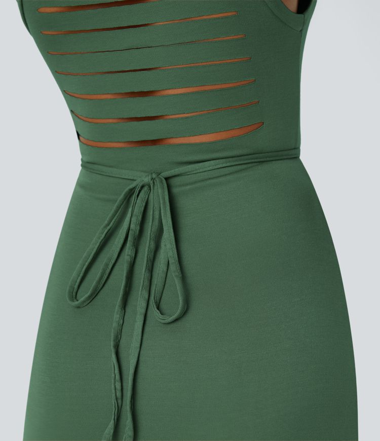 Ribbed Hooded High Neck Sleeveless Cut Out Tie Back 2-Piece Midi Casual Dress