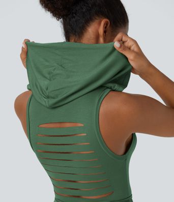 Ribbed Hooded High Neck Sleeveless Cut Out Tie Back 2-Piece Midi Casual Dress