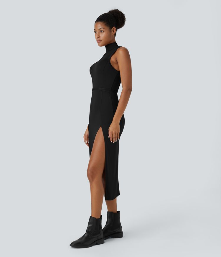 Ribbed Hooded High Neck Sleeveless Cut Out Tie Back Split 2-Piece Midi Casual Dress