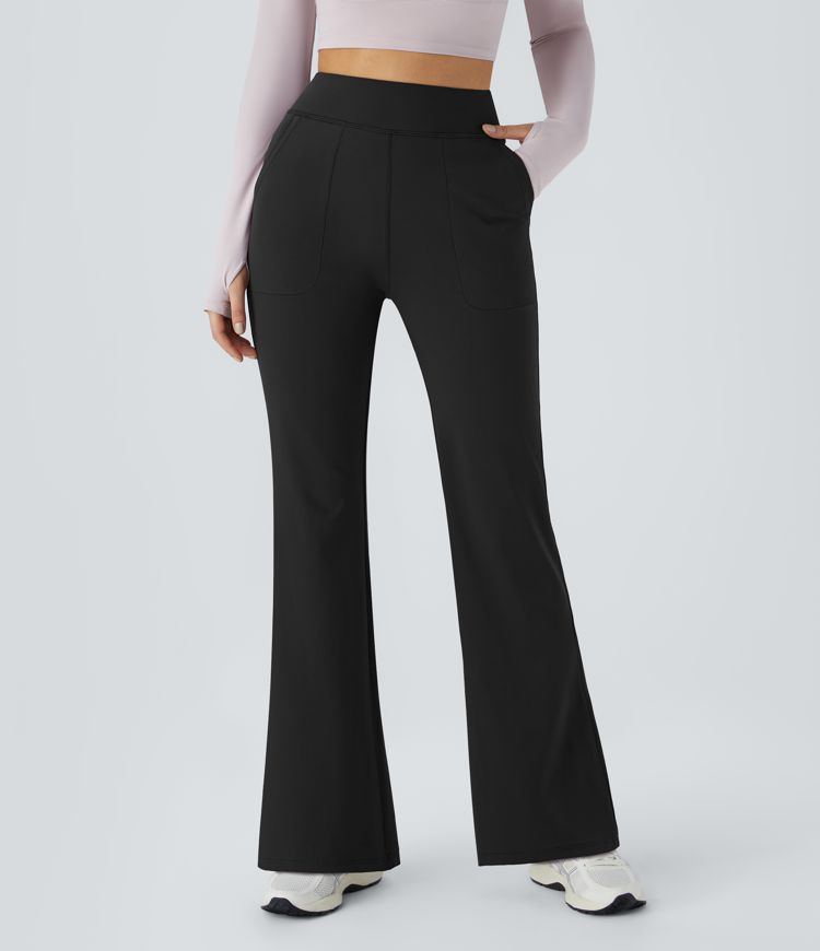 High Waisted Side Pocket Plain Flare Leggings