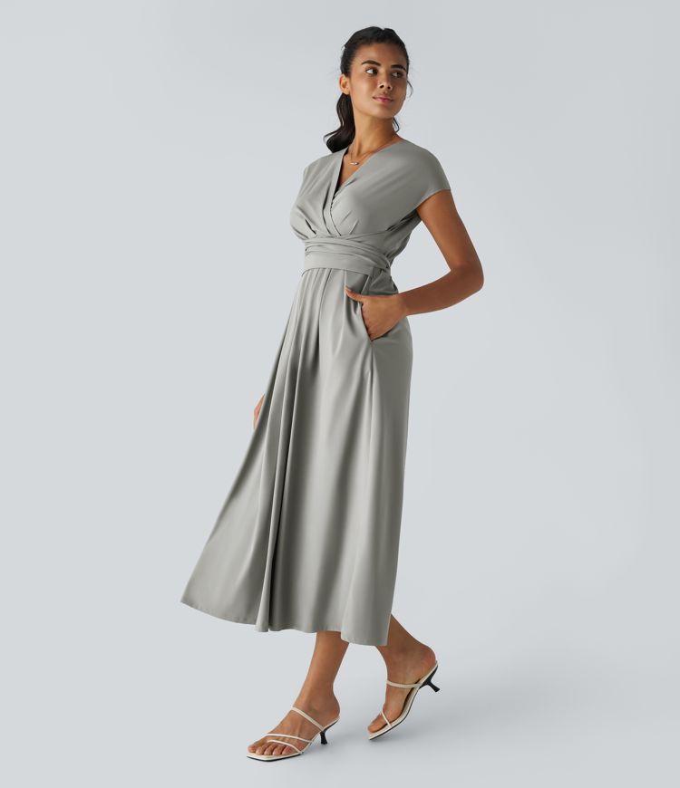 Breezeful™ V Neck Short Sleeve Pocket Tie Back Quick Dry Midi Casual Dress-Longer Length