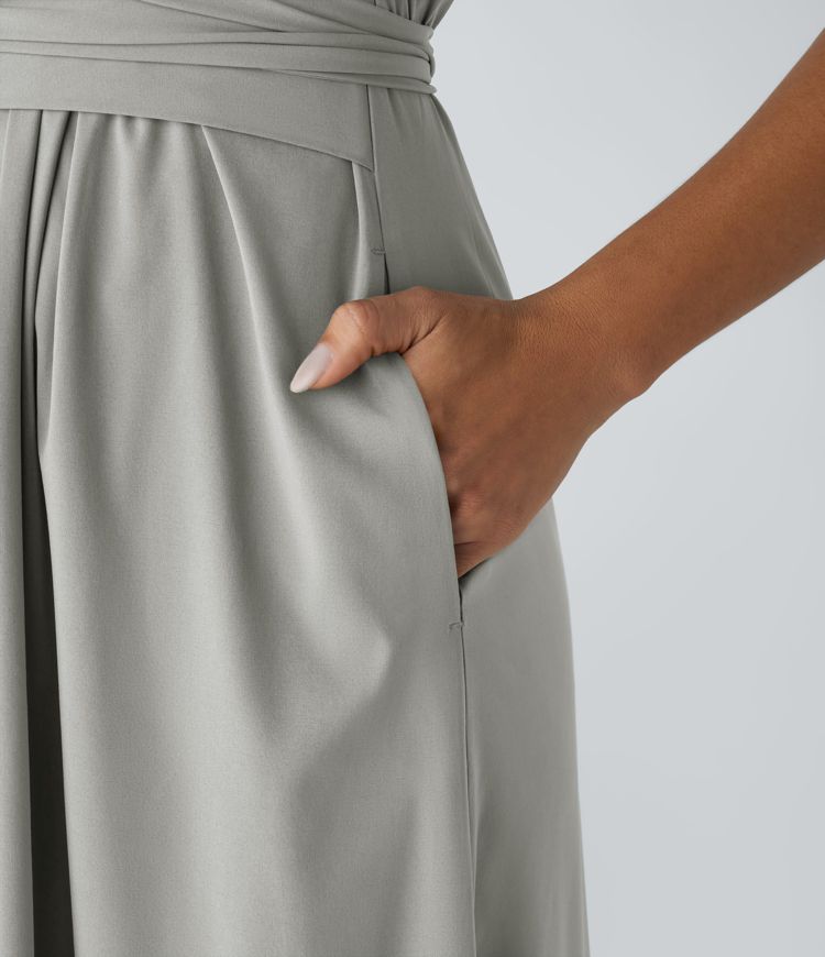 Breezeful™ V Neck Short Sleeve Pocket Tie Back Quick Dry Midi Casual Dress-Longer Length