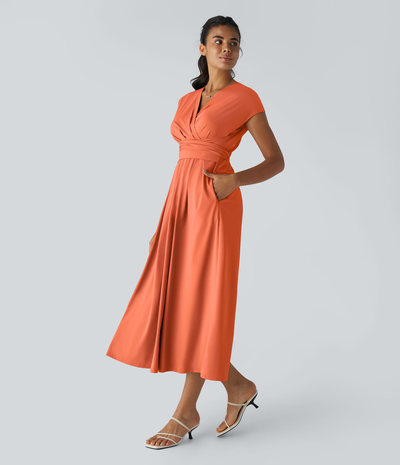 Breezeful™ V Neck Short Sleeve Pocket Tie Back Quick Dry Women Midi Casual Dress-Longer Length