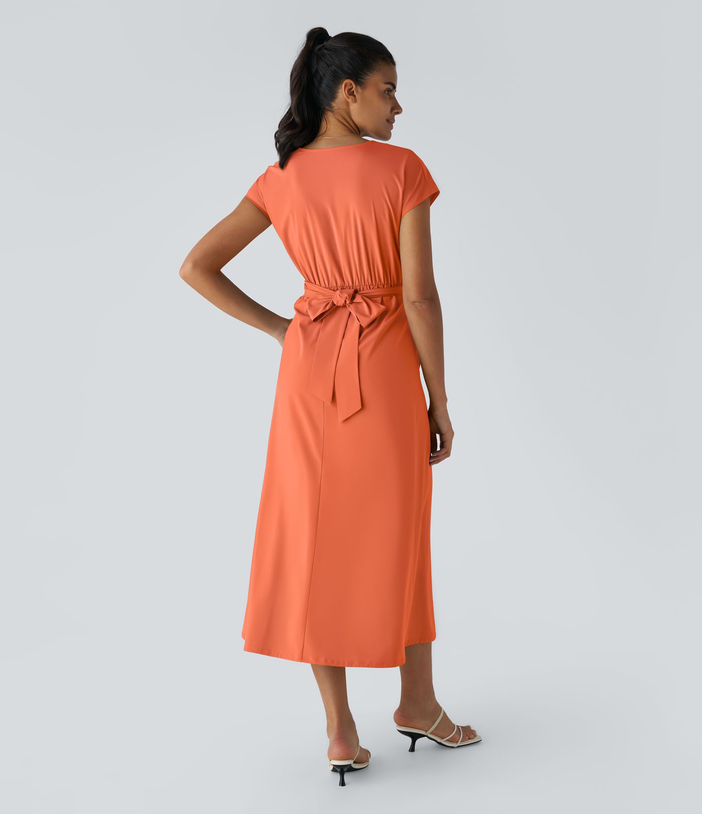 Breezeful™ V Neck Short Sleeve Pocket Tie Back Quick Dry Women Midi Casual Dress-Longer Length