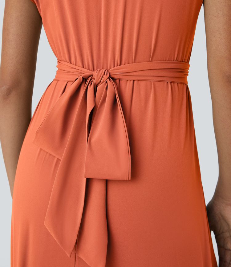 Breezeful™ V Neck Short Sleeve Side Pocket Tie Back Quick Dry Midi Casual Dress-Longer Length