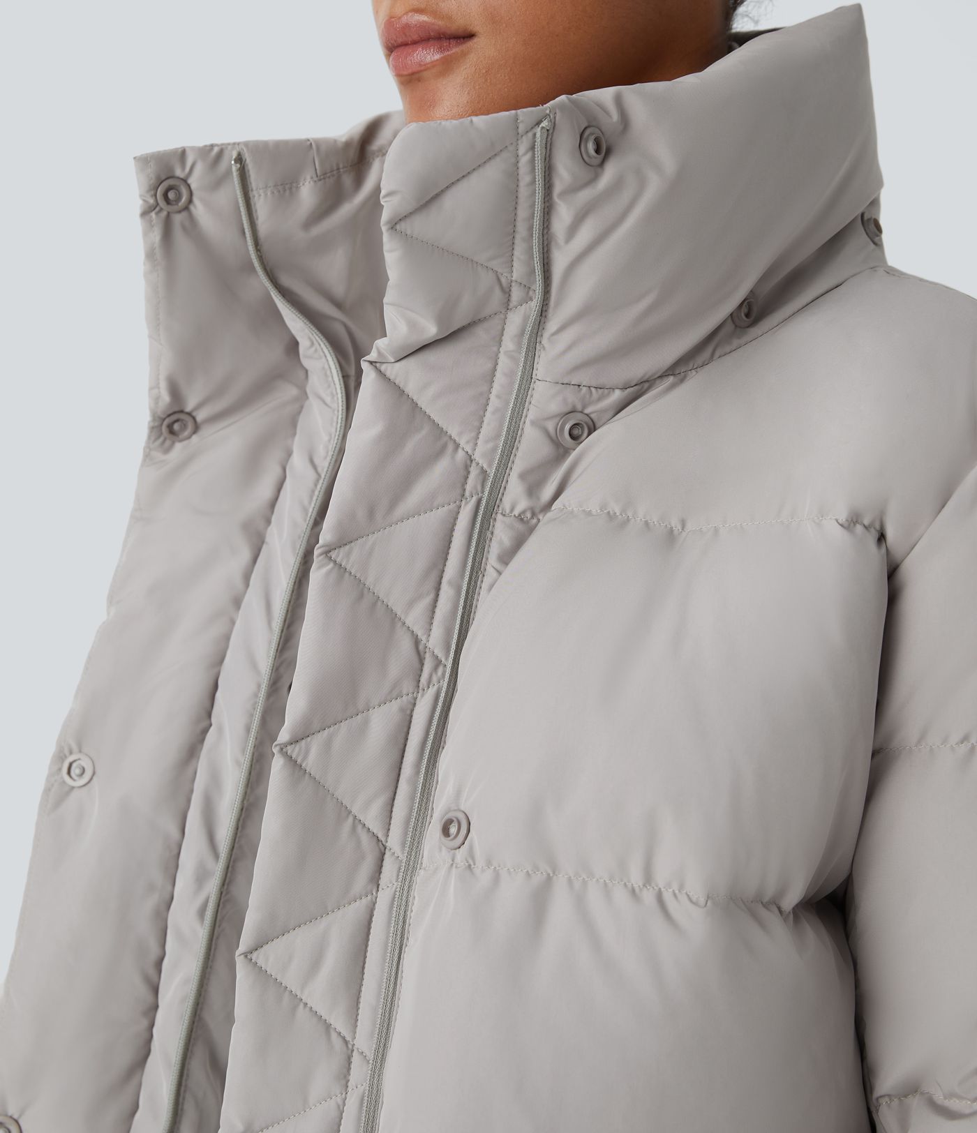Removable Hood Button Long Sleeve Invisible Pocket Adjustable Drawcord Relaxed Casual Puffer Down Jacket