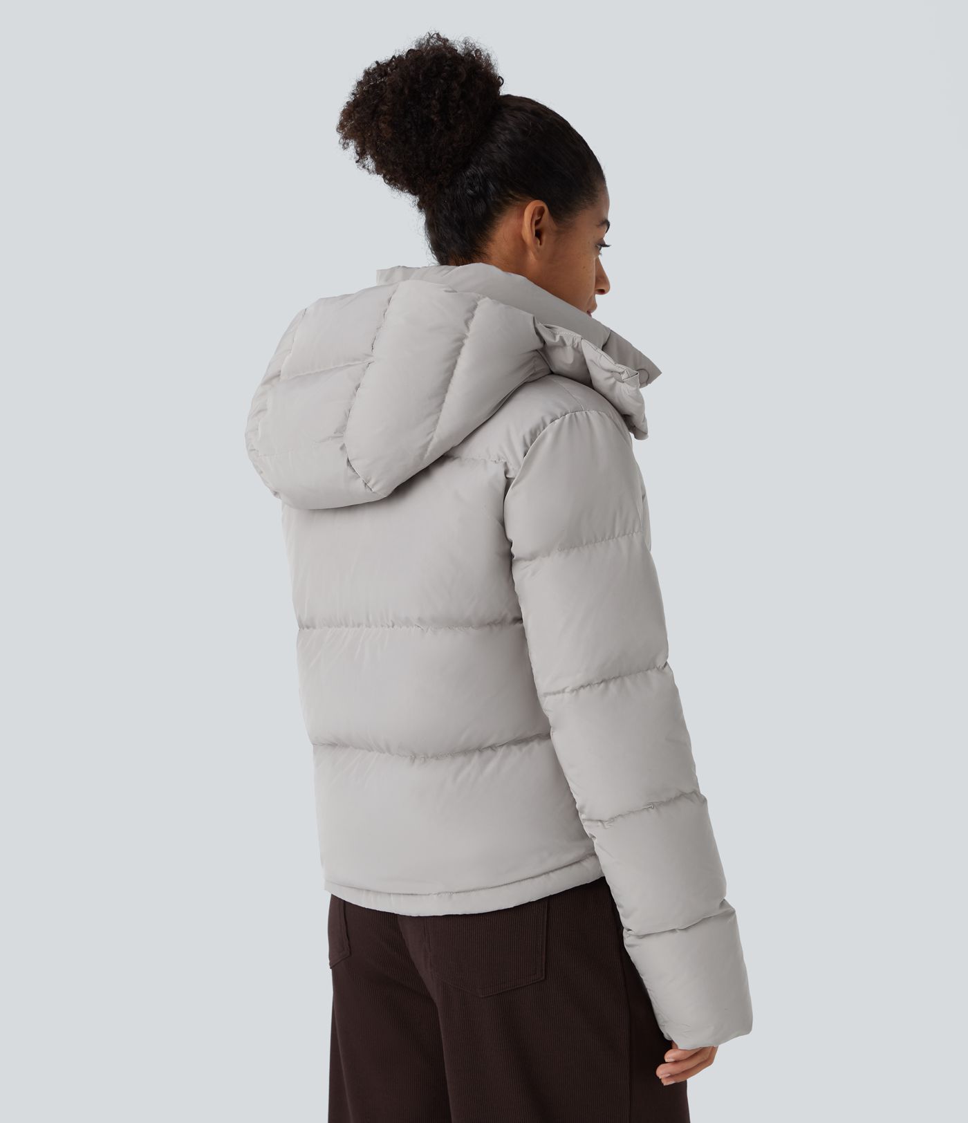 Removable Hood Button Long Sleeve Invisible Pocket Adjustable Drawcord Relaxed Casual Puffer Down Jacket