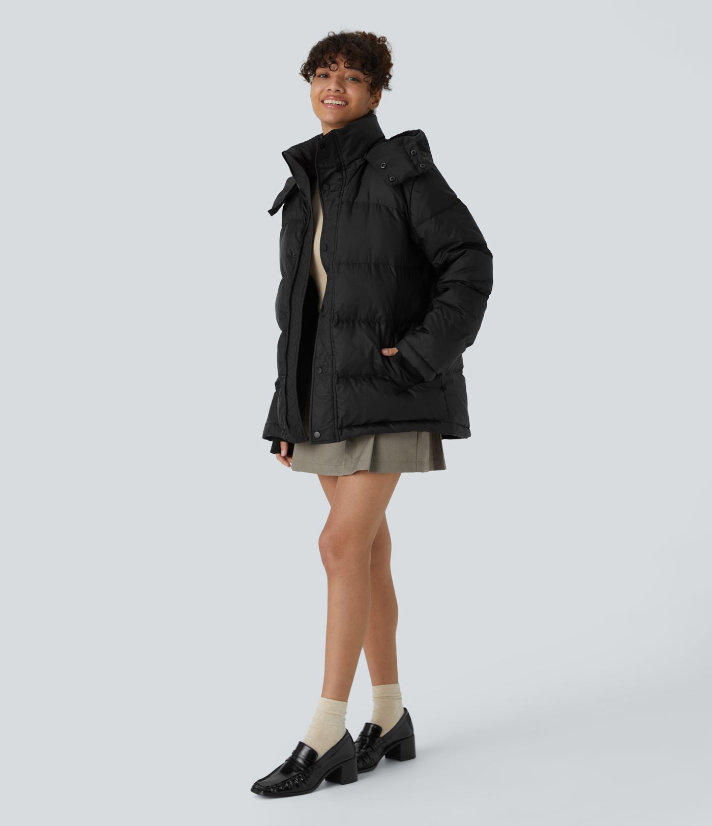 Water Repellent Removable Hood Stand Collar Button Zipper Long Sleeve Multiple Pockets Adjustable Drawcord Casual Puffer Down Jacket