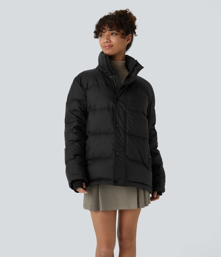 Water Repellent Removable Hood Stand Collar Button Zipper Long Sleeve Multiple Pockets Adjustable Drawcord Casual Puffer Down Jacket