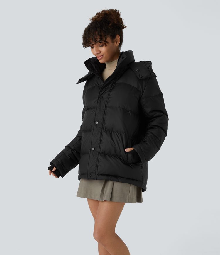 Water Repellent Removable Hood Stand Collar Button Zipper Long Sleeve Multiple Pockets Adjustable Drawcord Casual Puffer Down Jacket