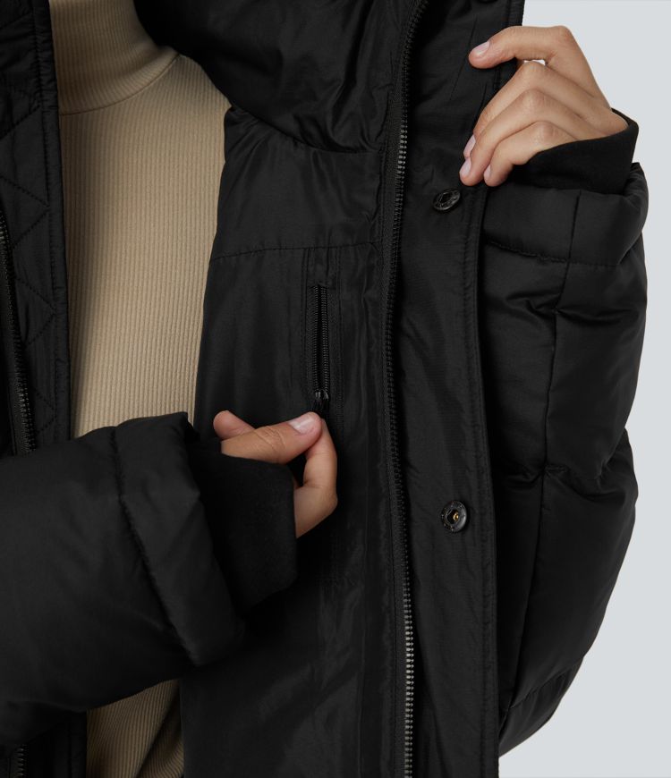 Water Repellent Removable Hood Stand Collar Button Zipper Long Sleeve Multiple Pockets Adjustable Drawcord Casual Puffer Down Jacket