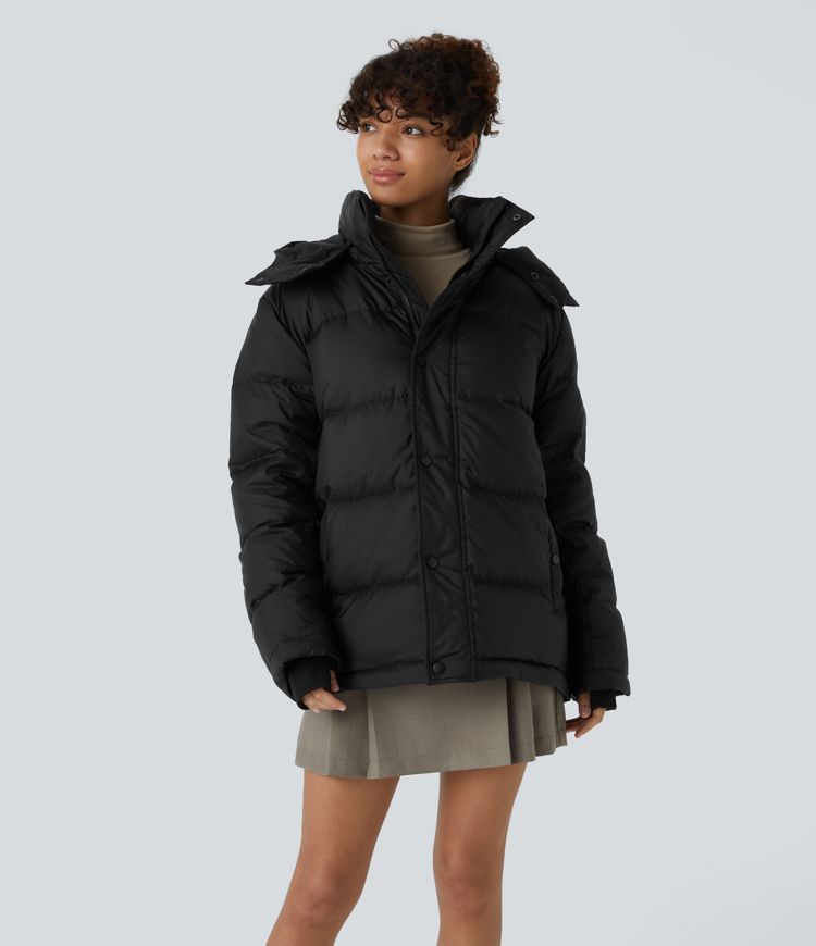 Water Repellent Removable Hood Stand Collar Zipper Long Sleeve Pockets Casual Puffer Down Jacket
