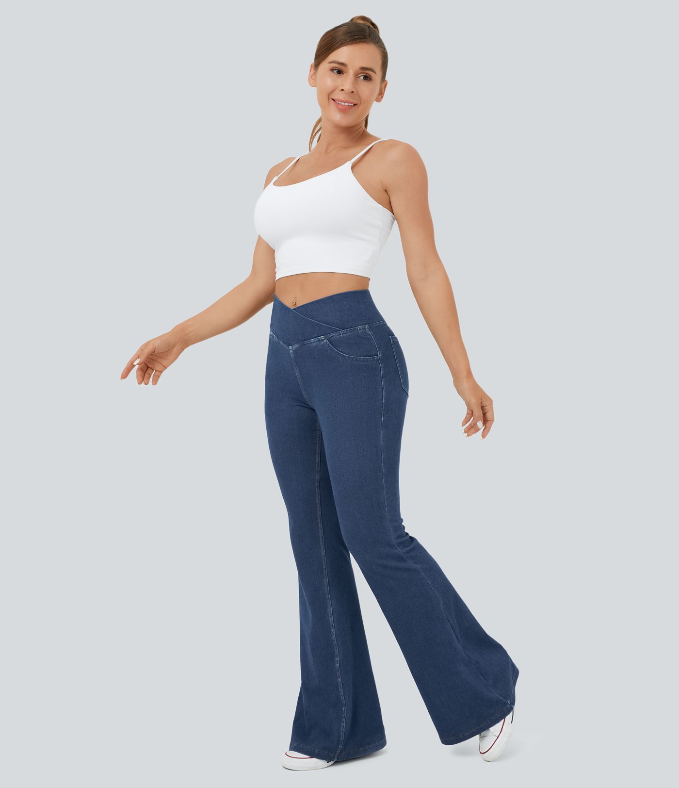 Jeans Halara Flex™ Denim súper acampanado elástico lavado bolsillo cruzado tiro alto