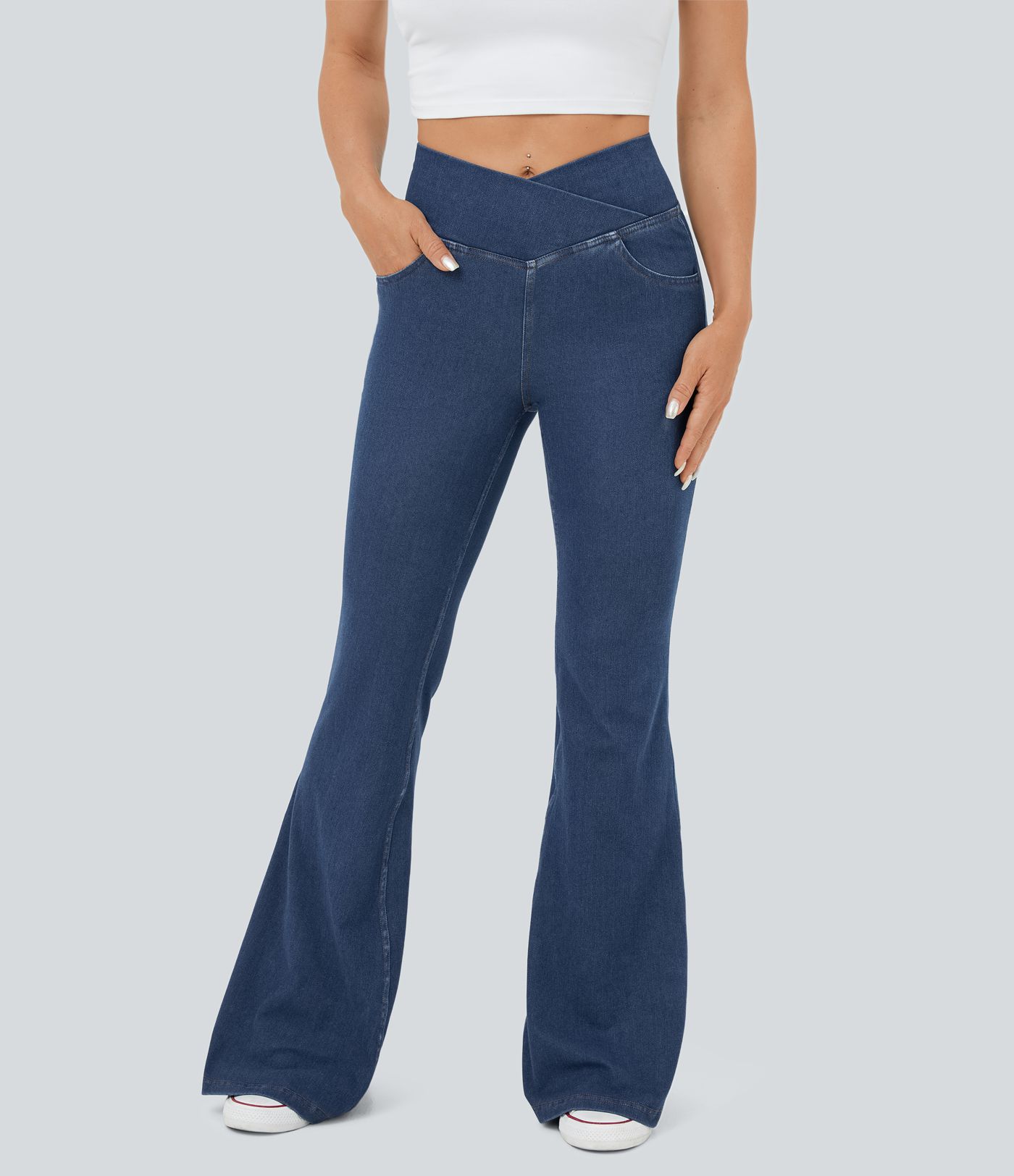 Jeans Halara Flex™ Denim súper acampanado elástico lavado bolsillo cruzado tiro alto