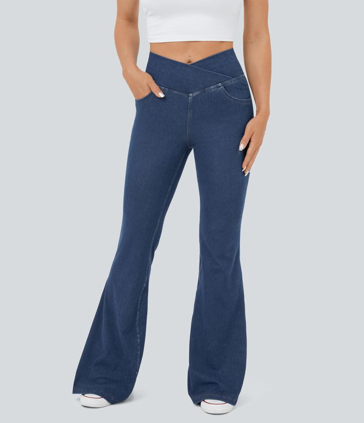 Jeans Halara Flex™ Denim súper acampanado elástico lavado bolsillo cruzado tiro alto
